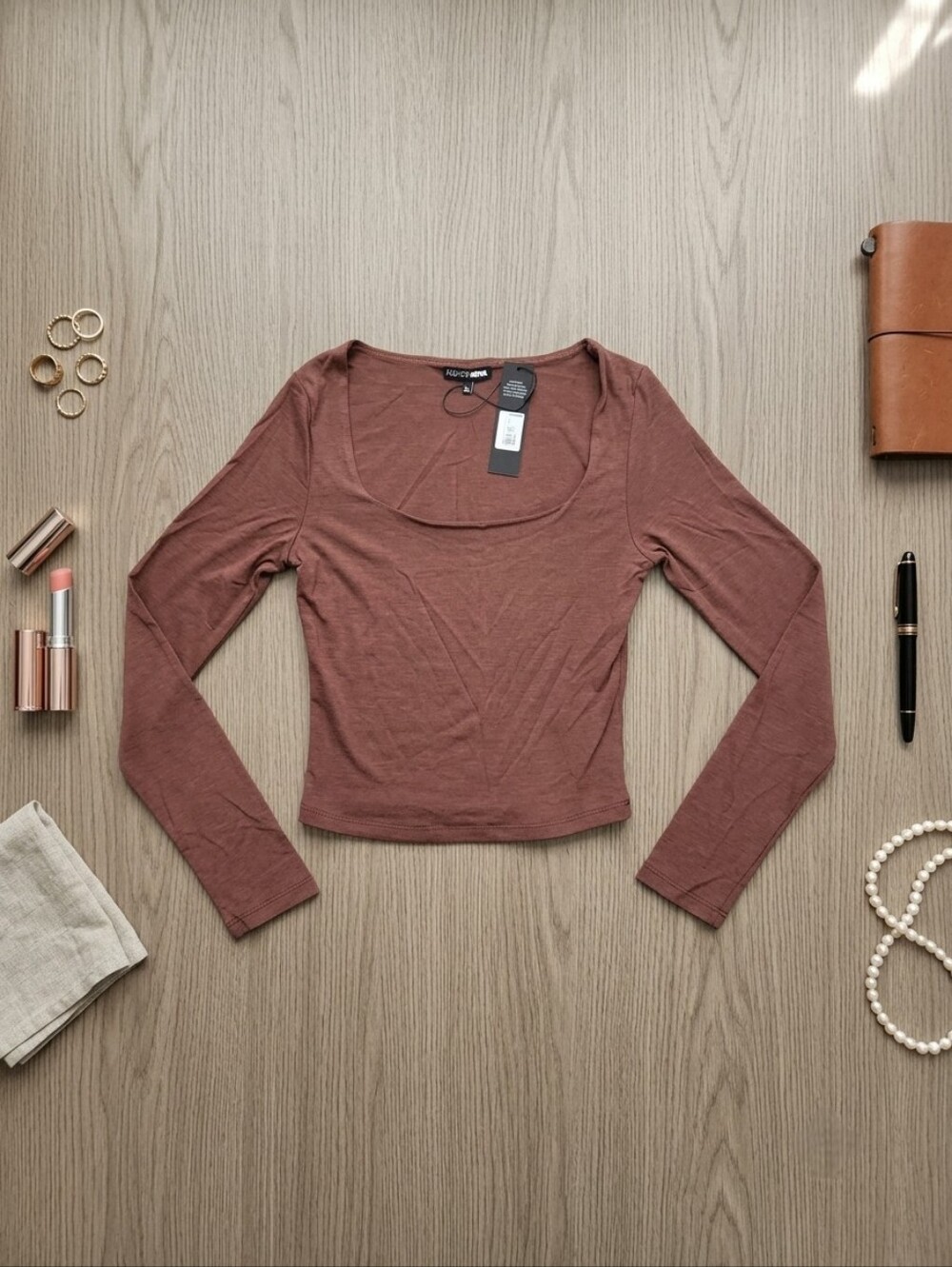 Fashion Nova Long Sleeve Square Neck Top Medium Mocha Brown Y2K Fitted Crop NWT